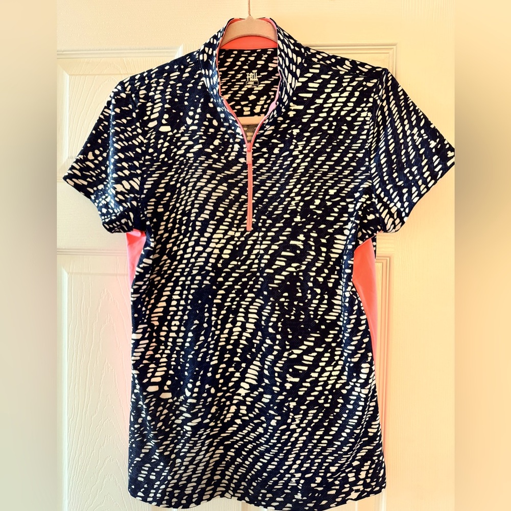 TAIL Short Sleeve Golf Tee Quarter Zip Mock Neck Navy Blue White/Coral
Size M